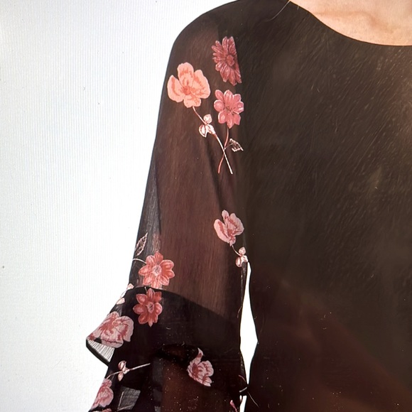 CECE Woman’s Floral Ruffled Sheer Sleeve Knit Blouse with Round Neckline - Picture 3 of 8